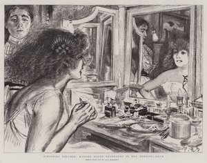 Viimeistely, rouva Sarah Bernhardt pukuhuoneessaan